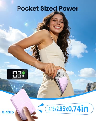 Magnetic Portable Charger 10000mAh Built in Cable for Magsafe Power Bank - color: Purple