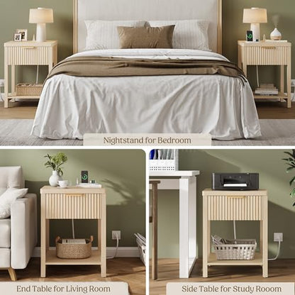 Night Stand Set 2, Fluted Wood Nightstands w/Charging Station for Bedroom - color: Natural Oak, size: 1 Drawer-Set of 2 Nightstand