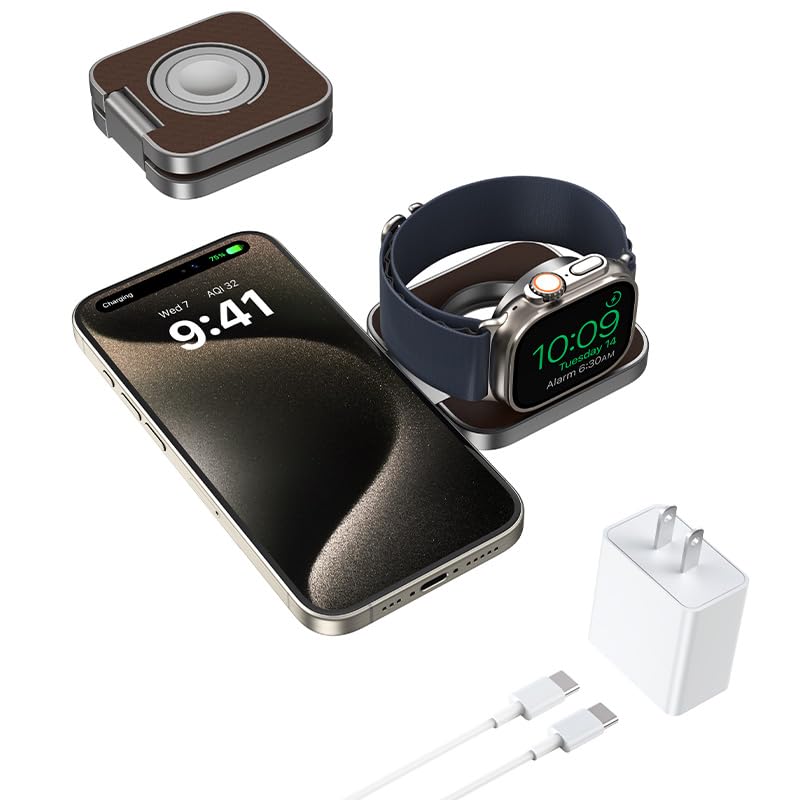 2 in 1 Foldable Mini Travel Wireless Charger Stand for Apple, KUXIU Aluminum Alloy Magnetic Charging Station Compatible with iPhone 15/14/13/12Pro/Max, 5W Fast Charging Watch 9/8/7/Ultra2-Leather - color: Leather