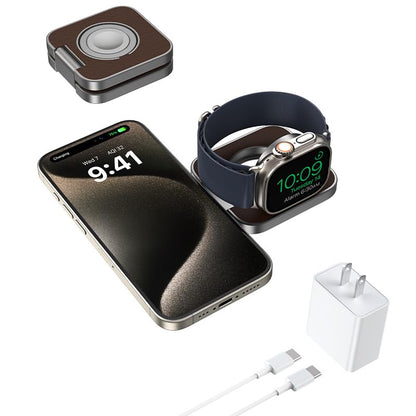 2 in 1 Foldable Mini Travel Wireless Charger Stand for Apple, KUXIU Aluminum Alloy Magnetic Charging Station Compatible with iPhone 15/14/13/12Pro/Max, 5W Fast Charging Watch 9/8/7/Ultra2-Leather - color: Leather
