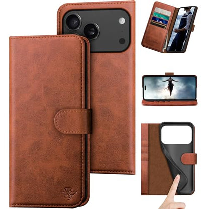 DuckSky Compatible with iPhone 17 Pro Max 6.9" Genuine Leather Wallet case【RFID Blocking】【4 Credit Card Holder】【Real Leather】 Flip Phone case Cover Women Men for Apple 17 Pro Max case Light Brown - color: Light Brown