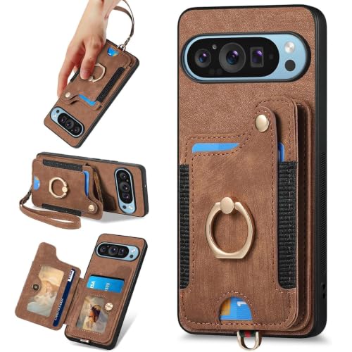 for Google Pixel 11 Pro XL Phone Case Wallet Card Holder,PU Leather Flip Folio Case,RFID Blocking Ring Holder Kickstand Wrist Strap Magnetic Protective Women Men Cover Brown - color: Brown, size: Pixel 11 Pro XL