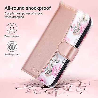 ULAK for iPhone SE 3(2022)/SE(2020)/8/7 Wallet Case Card Holder, Rose Gold | Premium Floral PU Leather Flip Case with Kickstand Card Slots,RFID Blocking,Wrist Strap, Durable Shockproof Cover 4.7 Inch - color: Rose Gold