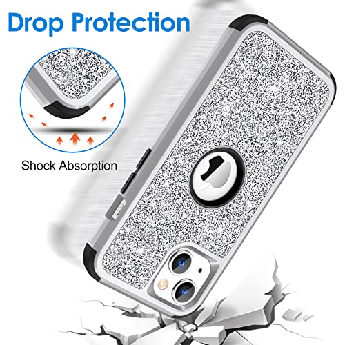 Hython Case for iPhone 13 Case Glitter, Cute Sparkly Shiny Bling Sparkle Cover, Heavy Duty 3 in 1 Hybrid Hard PC Soft TPU Bumper Full Body Shockproof Protective Phone Cases for Women Girls, Silver - color: Silver