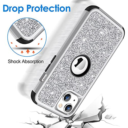 Hython Case for iPhone 13 Case Glitter, Cute Sparkly Shiny Bling Sparkle Cover, Heavy Duty 3 in 1 Hybrid Hard PC Soft TPU Bumper Full Body Shockproof Protective Phone Cases for Women Girls, Silver - color: Silver
