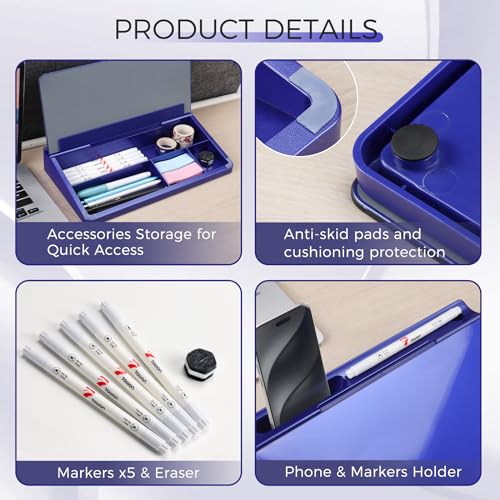 TOWON Compact Glass Desktop Whiteboard with Storage 12x7 in, Navy Blue - color: Metallic Navy