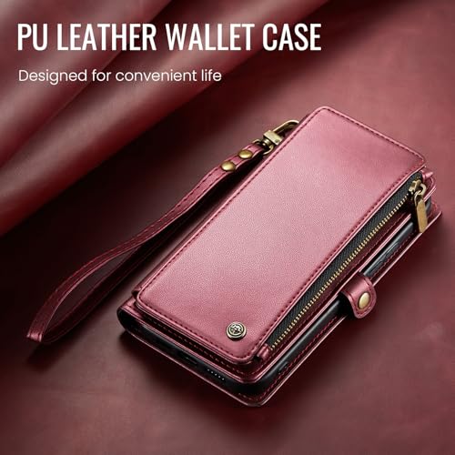Defencase for Samsung Galaxy S25 Wallet Case with RFID Card Holder, WineRed | Durable Soft PU Leather, with Zipper Pocket, Wrist Strap, Fashion Snap Flip S25 Phone Cases Cover with Stand for Women Men - color: Wine Red