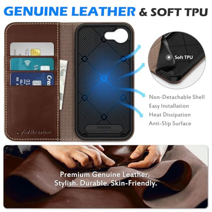 SHIELDON Genuine Leather Flip Wallet Case for iPhone 17e/16e, Retro Coffee | RFID Blocking, Credit Card Holder, Magnetic Closure, Kickstand, Folio Design, Soft Shock-Absorbent Phone Cover - color: Retro Coffee
