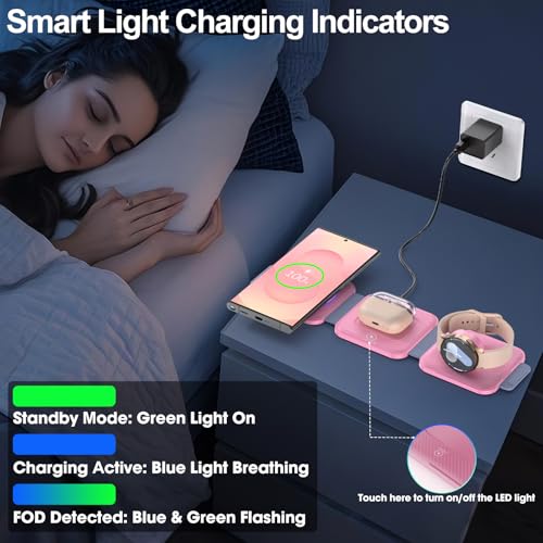 Foldable 3 in 1 Wireless Charger for Samsung Multiple Devices, Travel Wireless Charging Station/Stand for Galaxy S25 Ultra/S24/Z Fold Flip 6/5, Charger Dock Stand for Samsung Watch 7, Buds Pro3（Pink）