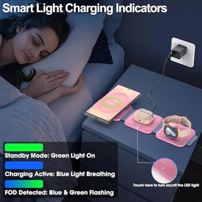 Foldable 3 in 1 Wireless Charger for Samsung Multiple Devices, Travel Wireless Charging Station/Stand for Galaxy S25 Ultra/S24/Z Fold Flip 6/5, Charger Dock Stand for Samsung Watch 7, Buds Pro3（Pink）