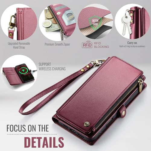 Defencase for iPhone 17 Wallet Case with RFID Blocking Card Holder, WineRed | Durable Soft PU Leather, with Zipper Pocket, Wrist Strap, Fashion Snap Flip Phone Cases Cover with Stand for Women and Men - color: Wine Red