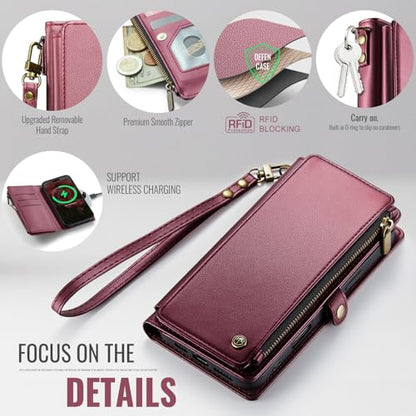Defencase for iPhone 17 Pro Max Wallet Case with RFID Card Holder, Wine Red | Durable Soft PU Leather, with Zipper Pocket, Wrist Strap, Fashion Snap Flip Phone Cases Cover with Stand for Women and Men - color: Wine Red