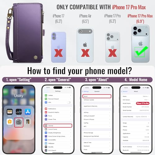 Defencase for iPhone 17 Pro Max Wallet Case with RFID Card Holder, Purple | Durable Soft PU Leather, with Zipper Pocket, Wrist Strap, Fashion Snap Flip Phone Cases Cover with Stand for Women and Men - color: Purple