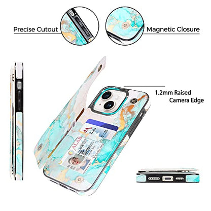 uCOLOR for iPhone 13/14 Wallet Case with Card Holder Ocean Marble | PU Leather RFID Blocking for Women Men Magnetic Clasp Kickstand - color: Ocean Marble
