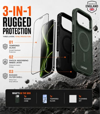 LOOXER® Heavy Duty Rugged Magnetic Case for iPhone 17 Pro (6.3”) | Military Grade Shockproof Protection,MagSafe Compatible+ Tempered Glass Included (Green, 17 Pro) - color: Green, size: 17 Pro