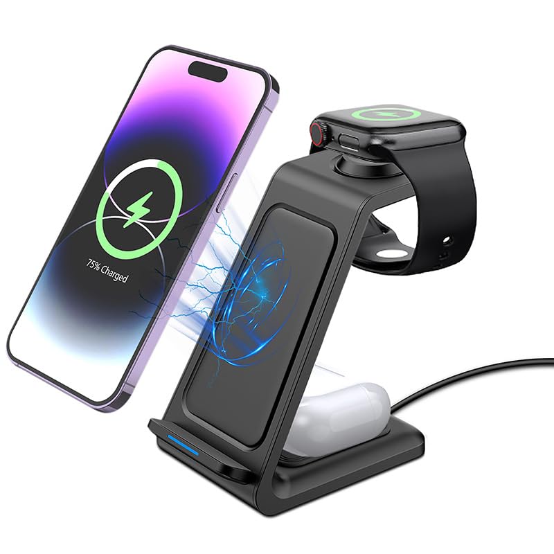 Fast Wireless Charging Station, Transform Your Workspace with Our 3-in-1 Wireless Charger & Stylish Charging Stand with Phone Holder for Home and Office,Black