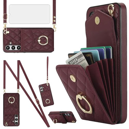 Asuwish Phone Case for Samsung Galaxy S24 5G Wallet Cover with Tempered Glass Screen Protector and Crossbody Wrist Strap Ring RFID Blocking Credit Card Holder Cell S 24 24S G5 Women Men Girls Wine Red - color: Red