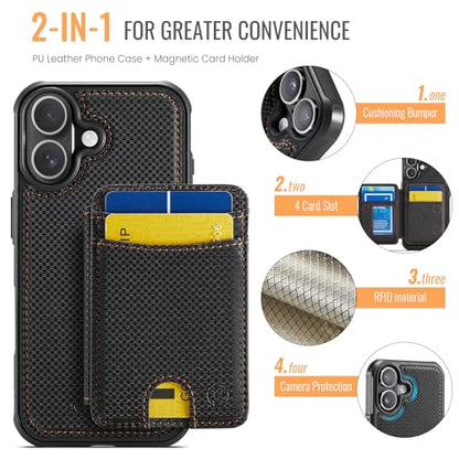 WJX for iPhone 16 Plus MagSafe Wallet Case, 2-in-1 Detachable Luxury Card Holder, Universal MagSafe Compatible, RFID Blocking, Shockproof Kickstand Slim Cover， Carbon Fiber - color: Carbon Fiber, size: iPone 16 Plus