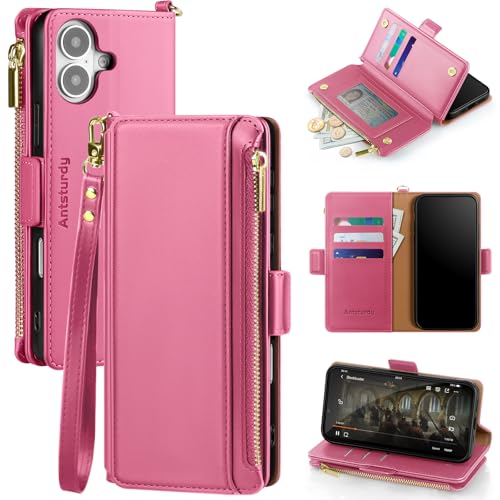 Antsturdy for iPhone 17 Phone Wallet Case Women,Hot Pink | RFID Blocking,with Credit Card Holder Slots,PU Leather Purse,Zipper Pocket,Wrist Strap Kickstand,Flip Folio Cover for Men - color: Hot Pink