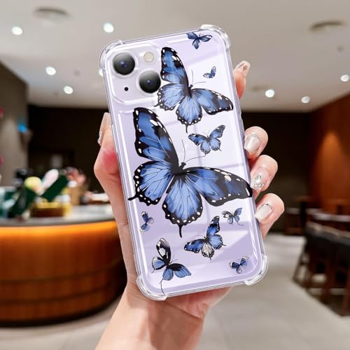 Clear Case Compatible with iPhone 13, Cute Butterfly Print Protective Cover for Girls Women, Slim Soft TPU Four Corners Shockproof Case for iPhone 13 - Blue Butterfly - color: Blue Butterfly, size: iPhone 13