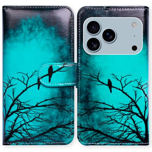 Bcov Case for iPhone 17 Pro,Black Bird Green Leather Flip Phone Case Wallet Cover with Card Slot Holder Kickstand Case for iPhone 17 Pro - color: Black Bird Pattern