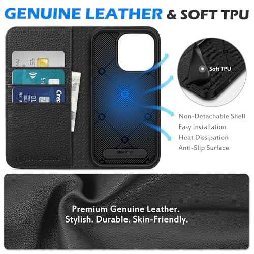 SHIELDON Genuine Leather Wallet Case for iPhone 16 Pro 6.3", Pebbled Black | Magnetic Closure, RFID Blocking, Credit Card Holder, Viewing Stand, Folio Design, Shockproof Protective Cover - color: Pebbled Black