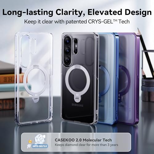 CASEKOO Clear for 26U Case with 360 Spin Magnetic Stand, Fit for MagSafe | 360 Spin Magnetic Stand, Fit for MagSafe, 18FT MIL-STD Protection, Invisible Ring Holder Phone Case - color: Optically Clear