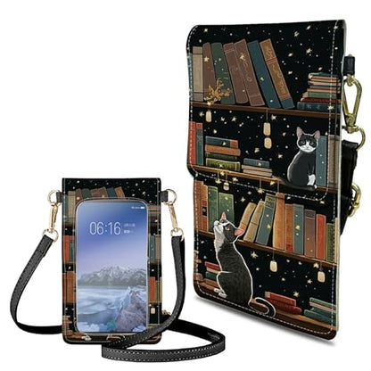 Small Crossbody Bags with Adjustable Shoulder Strap - color: Cute Cat Bookshelf
