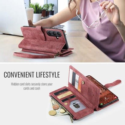 Compatible with Samsung Galaxy S26 Wallet Case,with Card Holder Kickstand Magnetic Zipper Pocket Lanyard Strap Wristlet,Leather Flip Case Wallet for Samsung Galaxy S26 5G 6.3 Inch (Red) - color: Red, size: S26 6.3 Inch