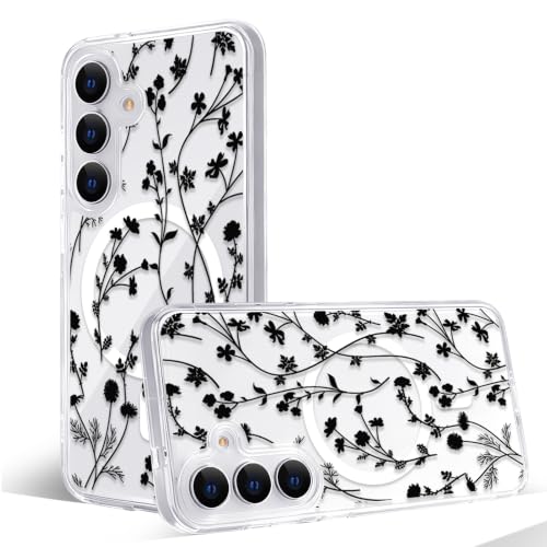 Magnetic Case for Samsung Galaxy S25 [Compatible with MagSafe] Cute Clear Flower Floral Case for Women Girls Soft TPU Bumper Hard PC Back Anti-Fall Shockproof Protective Slim Cover A9 - color: Flower Branch 2, size: Samsung Galaxy S25 Case