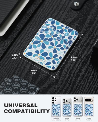 VULKIT Stick on Card Holder Compatible for iphone Leather Cell Phone Wallet Credit Card Case Strong Sticker for Women - color: Blue Bloom