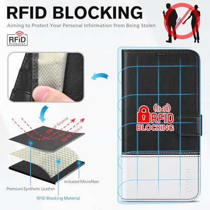 TUCCH Wallet Case for iPhone 16 Pro Max 6.9", 4 Card Holders, Black & White | RFID Blocking, Viewing Stand, Shockproof TPU Shell, PU Leather, Magnetic Closure, Protective Folio Flip Cover - color: Black & White
