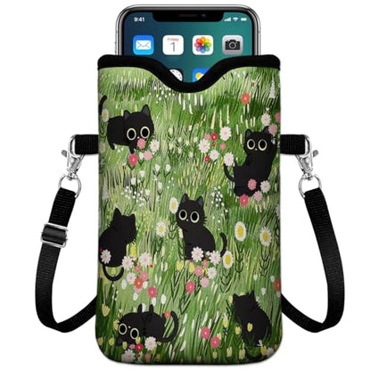 Universal Phone Sleeve Pouch with Crossbody Strap 7.6 X 4.3 Inches Shockproof Water Resistant Mobile Protection Bag-Black Cat Floral Neoprene Phone Pouch Bag - color: Black Cat Floral-Phone Pouch