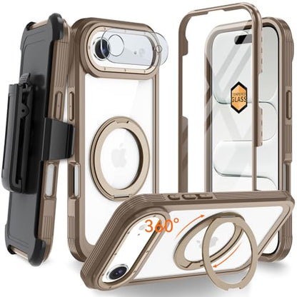 Magnetic for iPhone Air Case, Compatible with MagSafe, Full Body Rugged Case with Built-in Screen Protector & Kickstand & Belt-Clip (Gold) - color: Gold