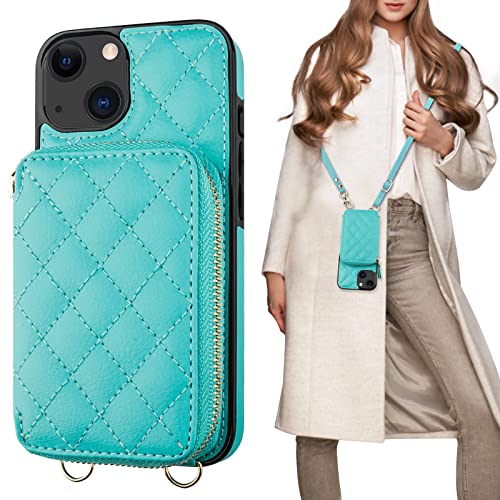 Bocasal Crossbody Wallet Case Card Holder for iPhone 13, Mint Green | RFID Blocking PU Leather Zipper Handbag Purse, Kickstand Flip Folio Case with Card Slots Holder Wrist Strap Lanyard 6.1 Inch - color: Green