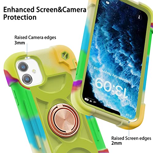 MARKILL Compatible with iPhone 11 Case 6.1 Inch with 360°Rotate Ring Stand, Military Grade Drop Protection Full Body Rugged Heavy Duty Case 3 in 1 Protective Cover - color: Rainbow Green, size: iPhone 11 6.1"