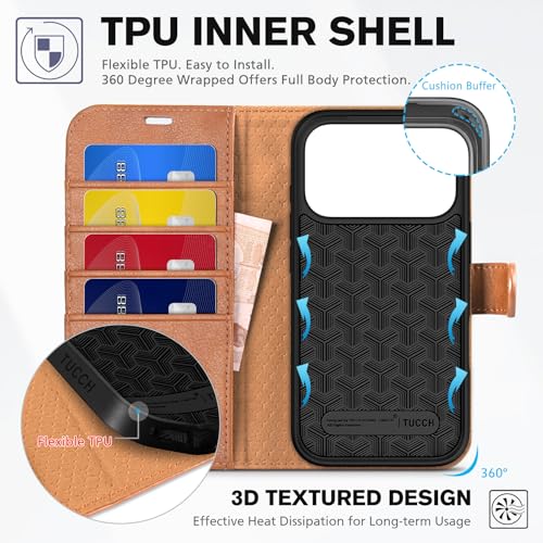 TUCCH Case Wallet for iPhone 17 Pro 6.3", RFID Blocking Folio, Light Brown | 4 Card Holders, Kickstand, PU Leather, Magnetic Closure, Shockproof TPU Shell, Protective Flip Cover - color: Textured Light Brown