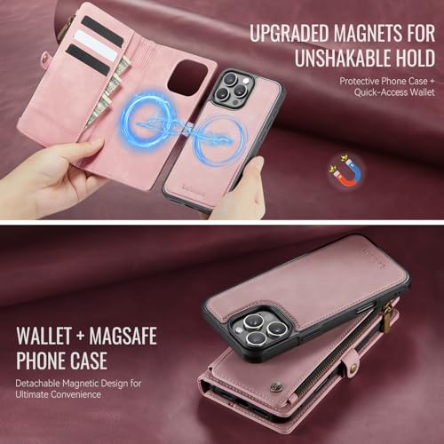 Defencase for iPhone 16 Pro Max Case Wallet Compatible with Magsafe, Pink | Drop-Proof Magnetic Detachable Phone Cases Cover, with RFID Bolcking Card Holder, Zipper Strap, PU Leather, Removable Wallet - color: (Detachable with Magsafe)-Pink