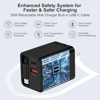 Retractable Wall Charger Cable 35W USB C Fast Charging Block for iPhone 17e - color: black