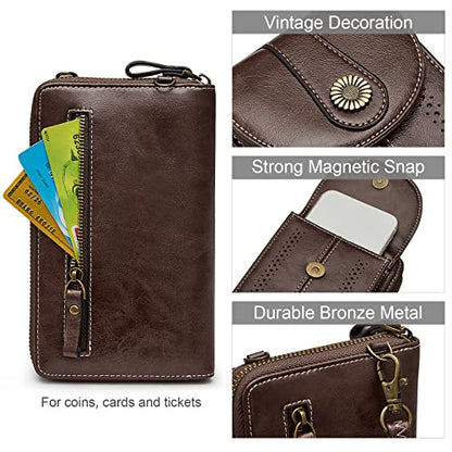 S-ZONE Women RFID Blocking Crossbody Cell Phone Purse PU Leather Wallet | Card Slots, Anti-theft, Multi Pockets, Detachable Adjustable Strap, Small, Travel Eveyday Shopping Outing - color: Coffee