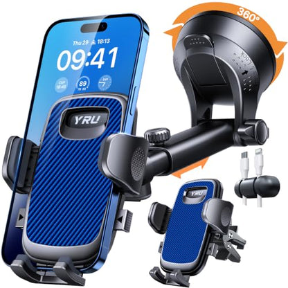 YRU 【2026 Best & Military-Grade】 360° Rotatable Suction Car Phone Holder Mount 【100+LBS Safest Strongest & Patent Certs】 Dashboard Windshield Vent Truck Stand for iPhone 18 17 Pro Max Samsung, Blue - color: Blue