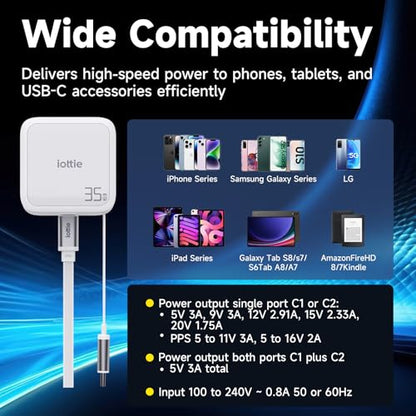 Basix by iOttie 35W GaN Wall Charger with Built-in Retractable USB-C Cable and Extra USB-C Port, Dual Device Fast Charging, Compact Travel Charger with Folding Prongs