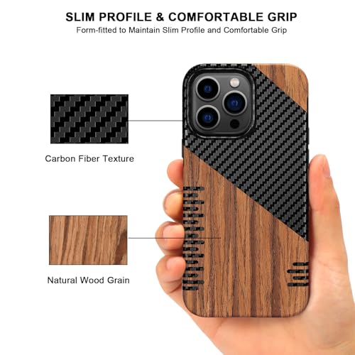 TENDLIN Magnetic Case Compatible with iPhone 14 Pro Case Wood Grain with Carbon Fiber Texture Design Leather Hybrid Slim Cover (Compatible with MagSafe) Twill - color: Magnetic Twill, size: iPhone 14 Pro