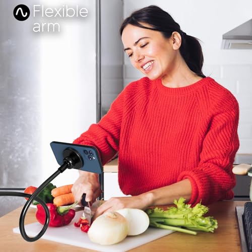 Phone Holder, Magnetic Flexible Long Arm Phone Mount for Desk Bed Bedside Table, Overhead Cell Phone Clip Bracket Clamp Stand for iOS 15 15 Pro 15 Plus