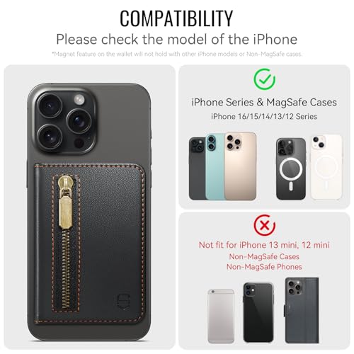Strapurs Magnetic Card Holder Compatible with MagSafe Phones and Cases, PU Leather Phone Wallet for iPhone 17/16/15/14/13/12/Pro/Max/Plus/Air, 4 Card Slots RFID Blocking with Zipper Pocket - Black - color: Black