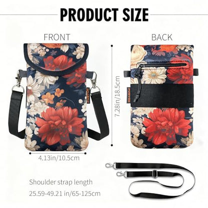 Neoprene Phone Sleeve Pouch Case Bag for Men Women w/Crossbody Strap/Neck Lanyard for iPhone 17/16/15/14 Pro Max, Samsung S25，Pixel 10 - color: Peony and Daisy on Black