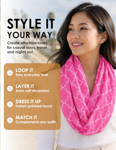 Pop Fashion Quatrefoil Pattern Infinity Scarf for Women - Travel Scarf with Hidden Pocket - All Seasons - color: Hot Pink, size: 24.5 x 9.5