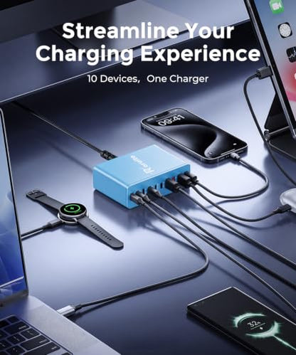 USB C Charging Station 10 Port with 4 Cables,245W GaN Charger Block - color: Blue