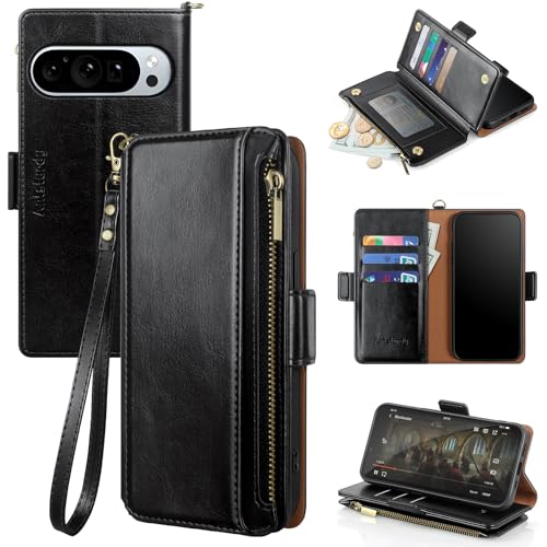 Antsturdy Compatible with Google Pixel 9 5G Wallet Case with Card Holder Women Men,Pixel 9 Pro Phone Case PU Leather Flip Protective Cover Wrist Strap Zipper Credit Card Slots RFID Blocking,Black - color: A-Black