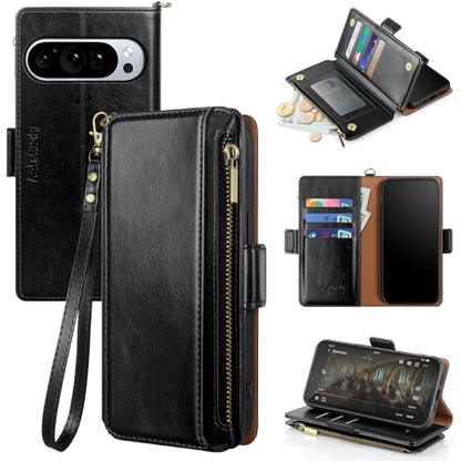 Antsturdy Compatible with Google Pixel 9 5G Wallet Case with Card Holder Women Men,Pixel 9 Pro Phone Case PU Leather Flip Protective Cover Wrist Strap Zipper Credit Card Slots RFID Blocking,Black - color: A-Black